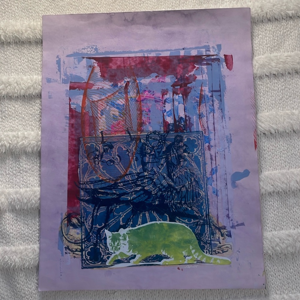 Mixed media art wall decor cat Angel multicolored signed by artist O.J. Rutt